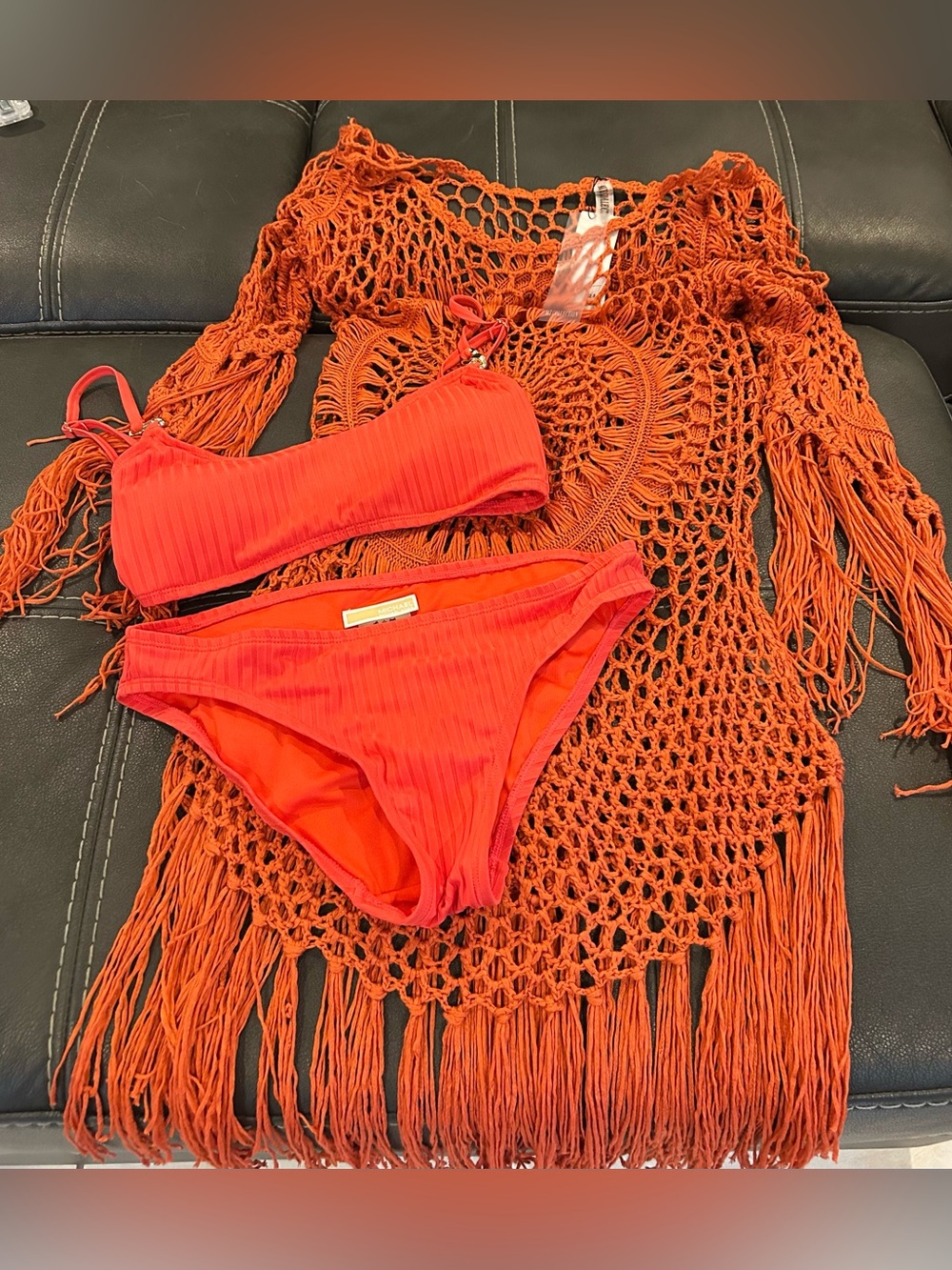 NWOT Michael Kors Red/Orange Ribbed Bikini & NWT Rust Orange Cover-Up